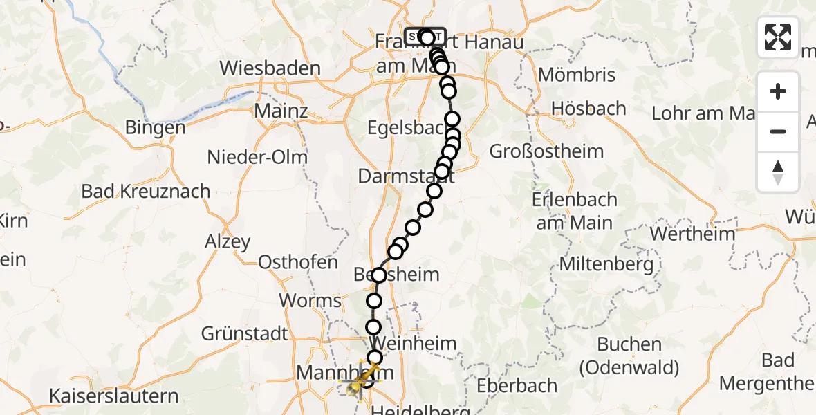 Flugroute Rettungshubschrauber Frankfurt am Main Accident Hospital Roof - Mannheim-City Flughafen, 06 April 2026, 12:46