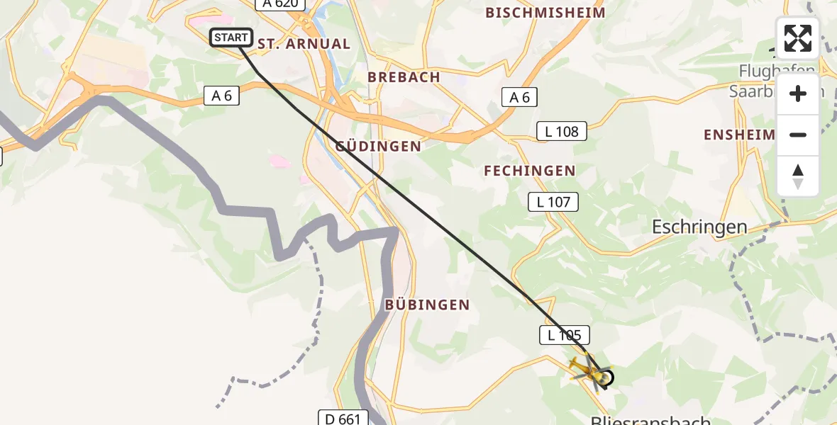 Flugroute Rettungshubschrauber Saarbrücken - Kleinblittersdorf, 06 April 2026, 13:06