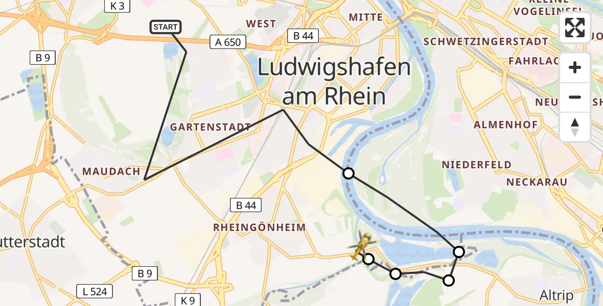 Flugroute Rettungshubschrauber Ludwigshafen am Rhein - Ludwigshafen am Rhein, 06 April 2026, 13:09