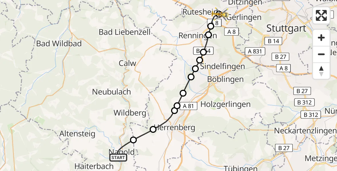 Flugroute Rettungshubschrauber Nagold - Leonberg Hospital Hubschrauberlandeplatz, 06 April 2026, 13:17