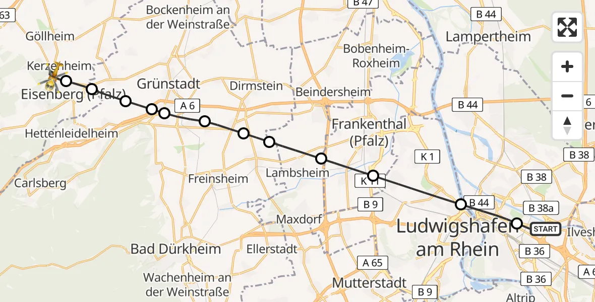 Flugroute Rettungshubschrauber Mannheim-City Flughafen - Kerzenheim, 06 April 2026, 13:19