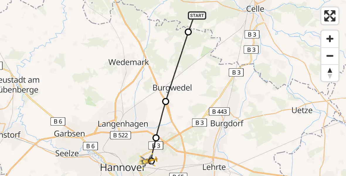 Flugroute Rettungshubschrauber Hambühren - Hannover Luftrettung Hubschrauberlandeplatz (Christoph 4), 06 April 2026, 13:28