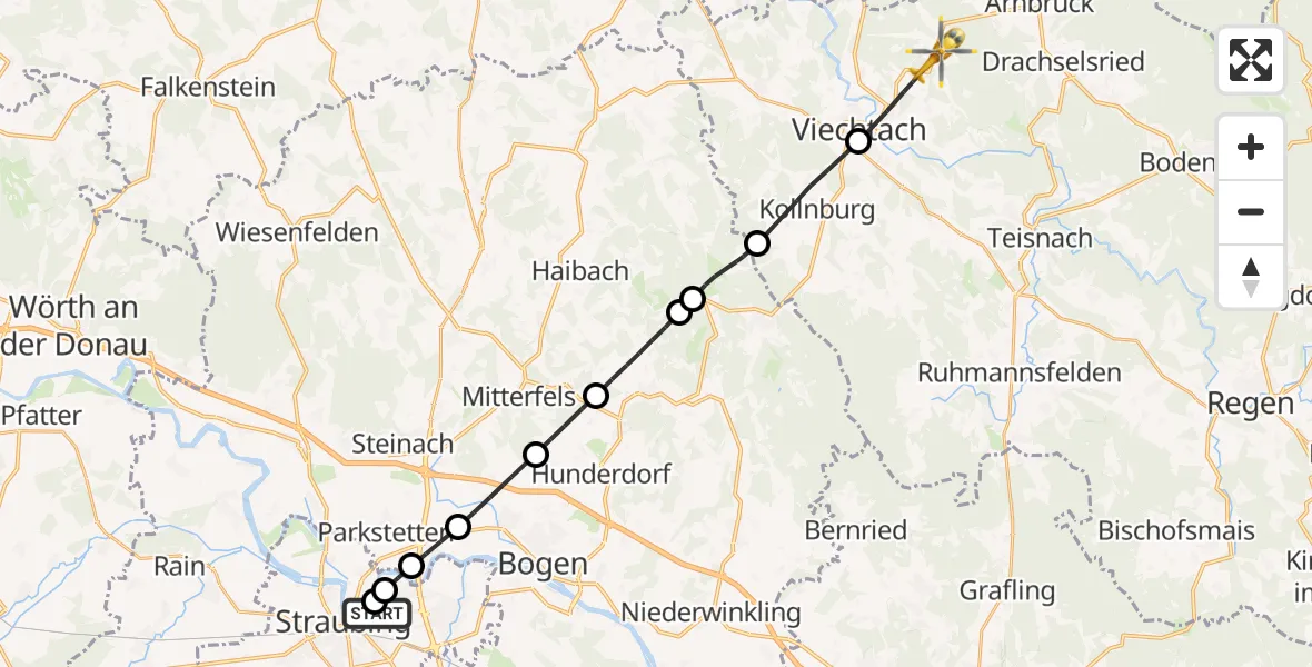 Flugroute Rettungshubschrauber Sankt Elisabeth Hospital Straubing - Viechtach, 06 April 2026, 13:50