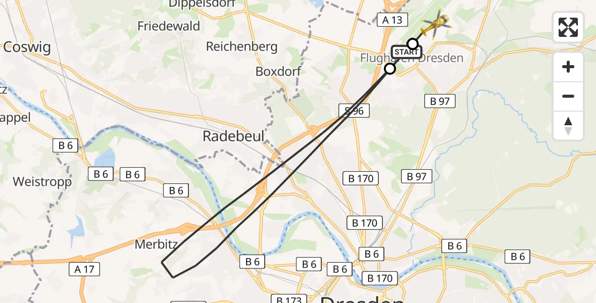Flugroute Rettungshubschrauber Dresden Flughafen - Dresden Bundespolizei Hubschrauberlandeplatz, 06 April 2026, 13:50