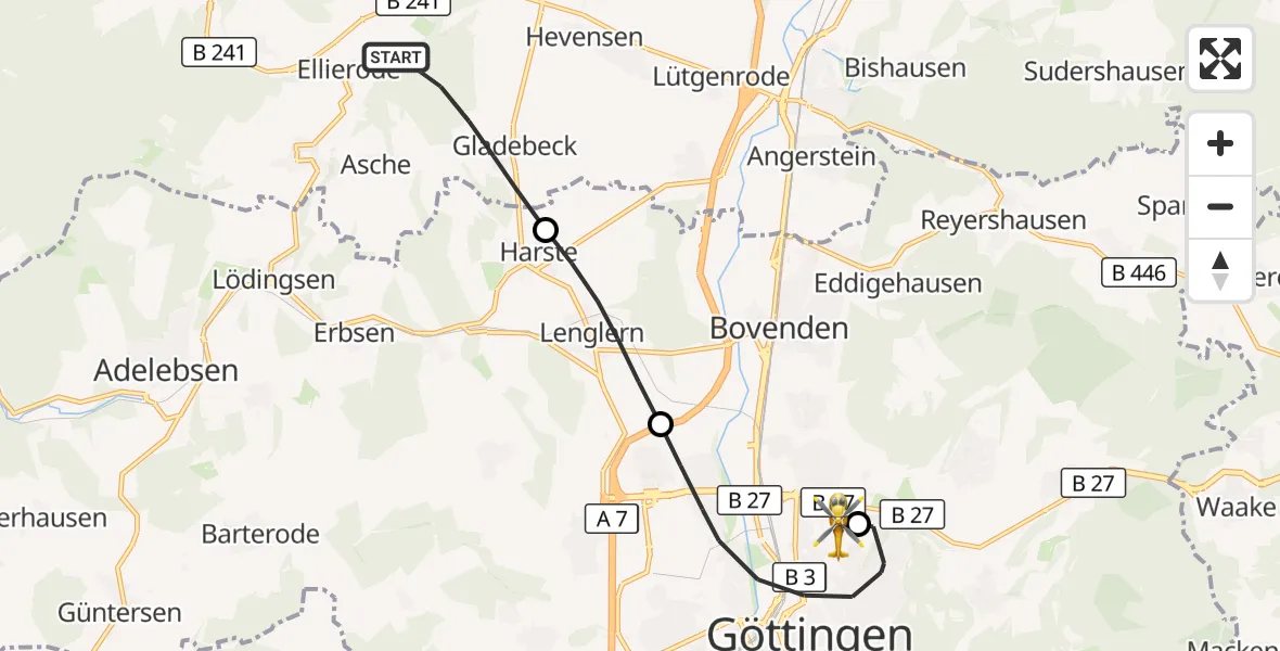 Flugroute Rettungshubschrauber Hardegsen - Göttingen University Clinic Hubschrauberlandeplatz, 06 April 2026, 14:02