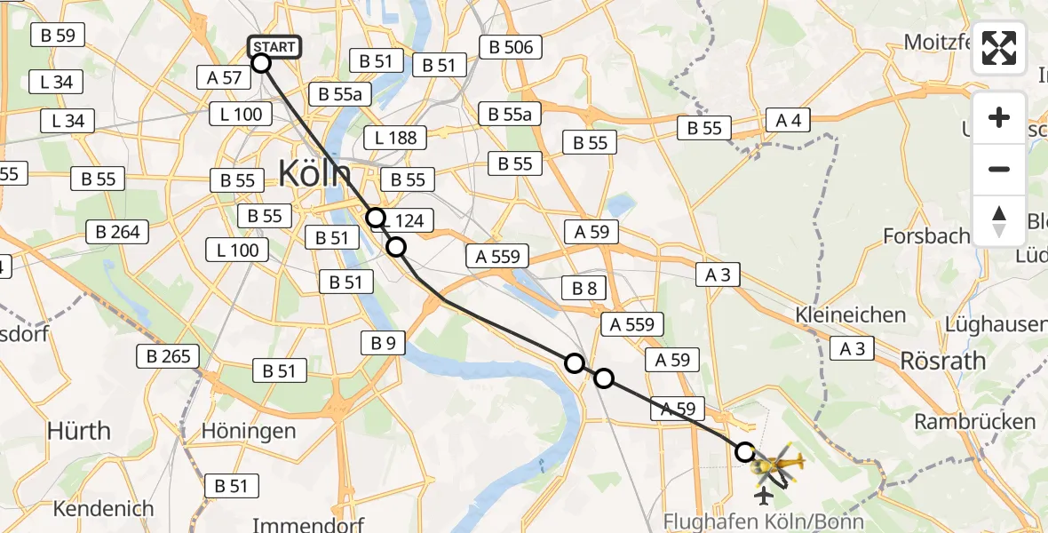 Flugroute Rettungshubschrauber Sankt Vinzenz Hospital - Köln Bonn Flughafen, 06 April 2026, 14:04