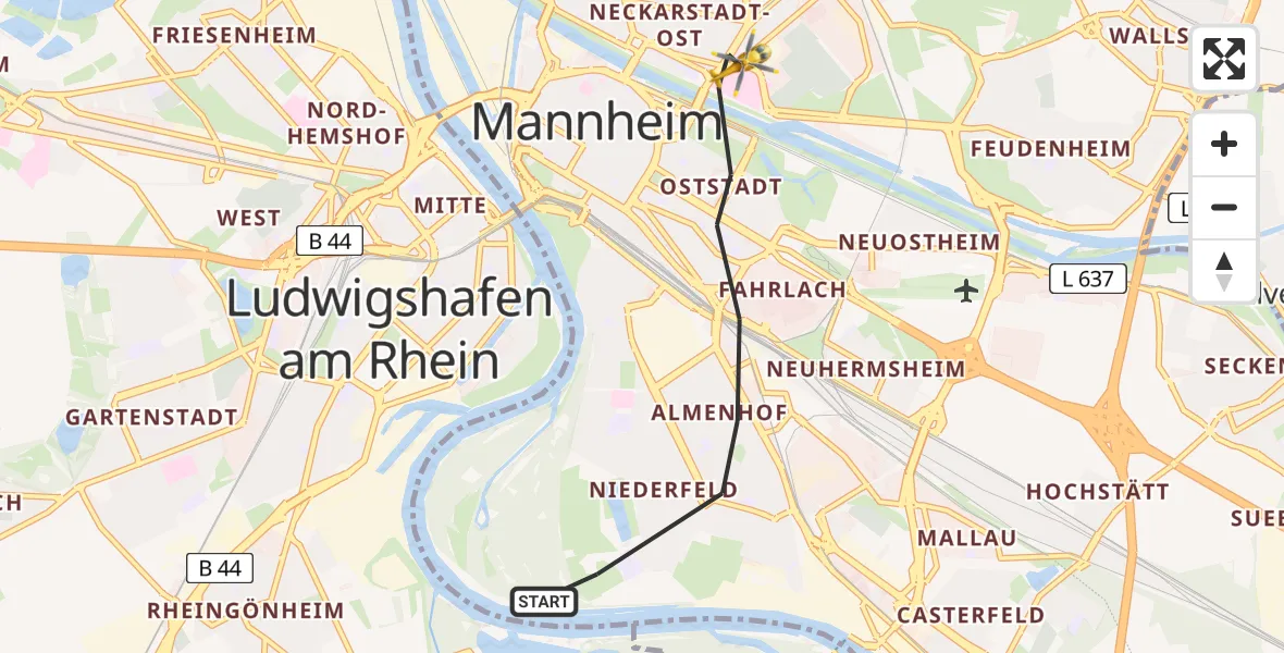 Flugroute Rettungshubschrauber Mannheim - Mannheim, 06 April 2026, 14:04