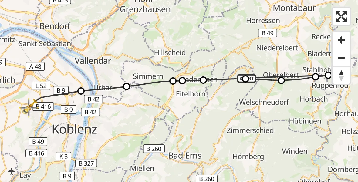 Flugroute Rettungshubschrauber Arzbach - Koblenz, 06 April 2026, 14:06