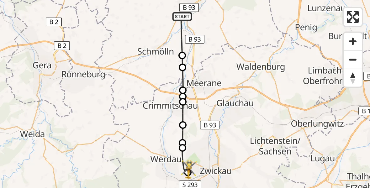 Flugroute Rettungshubschrauber Nobitz - ADAC Air Rescue Station Zwickau Hubschrauberlandeplatz, 06 April 2026, 14:07