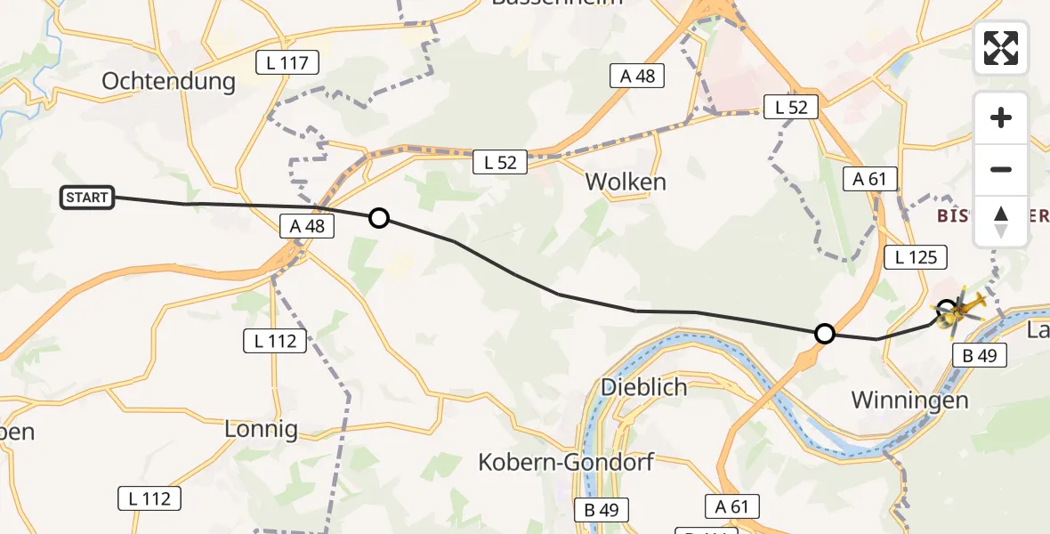 Flugroute Ambulanzhubschrauber Ochtendung - Koblenz-Winningen Flugplatz, 06 April 2026, 14:21