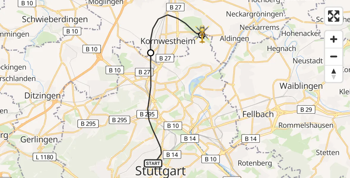 Flugroute Rettungshubschrauber Stuttgart - Pattonville Flugplatz, 06 April 2026, 14:23
