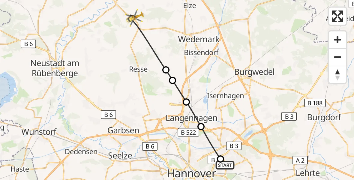 Flugroute Rettungshubschrauber Hannover Luftrettung Hubschrauberlandeplatz (Christoph 4) - Wedemark, 06 April 2026, 14:26