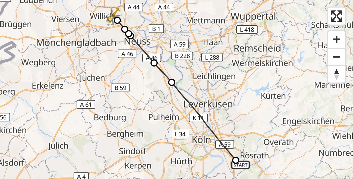 Flugroute Rettungshubschrauber Köln Bonn Flughafen - Willich, 06 April 2026, 14:41