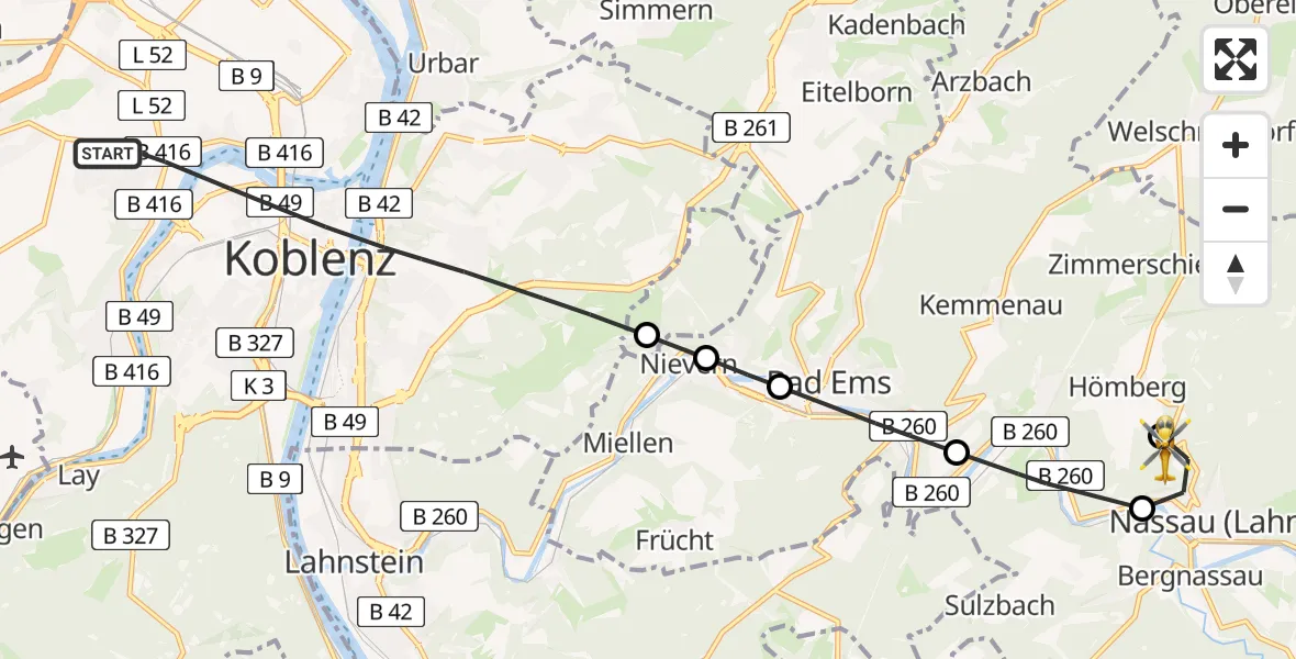Flugroute Rettungshubschrauber Koblenz - Nassau, 06 April 2026, 14:46