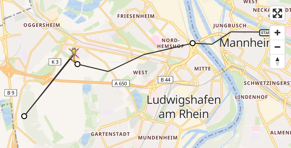 Flugroute Rettungshubschrauber Mannheim - Ludwigshafen Accident Hospital, 06 April 2026, 14:56