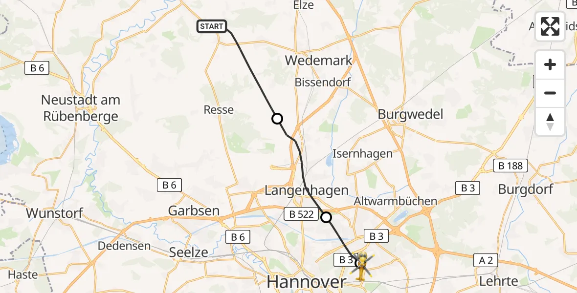 Flugroute Rettungshubschrauber Wedemark - Hannover Luftrettung Hubschrauberlandeplatz (Christoph 4), 06 April 2026, 15:04