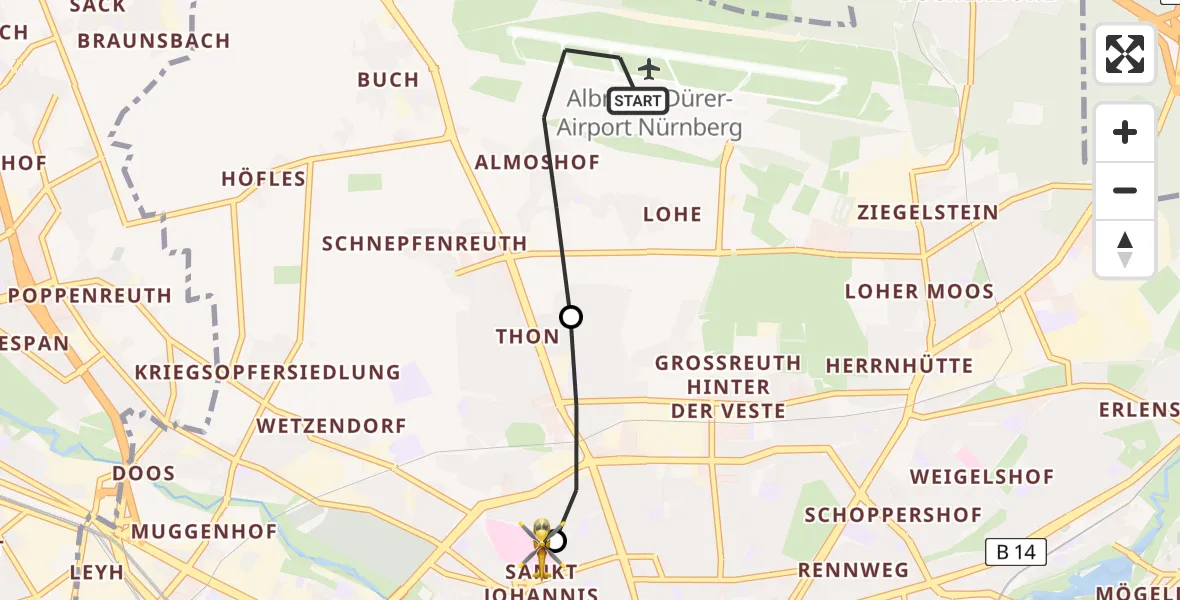 Flugroute Ambulanzhubschrauber Flughafen Nuremberg - Nürnberg North Hospital, 06 April 2026, 15:06