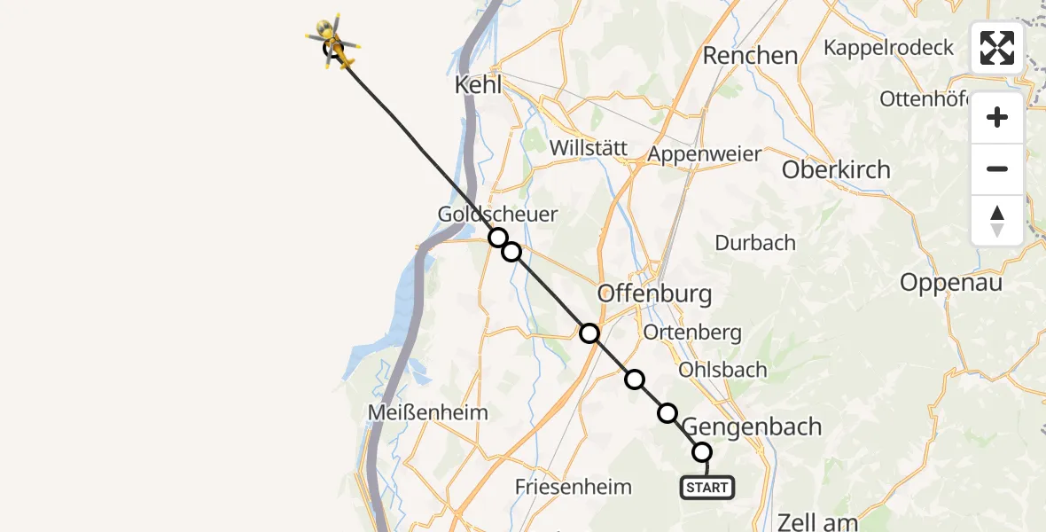 Flugroute Rettungshubschrauber Gengenbach - Hautepierre Hospital Heliport, 06 April 2026, 15:16
