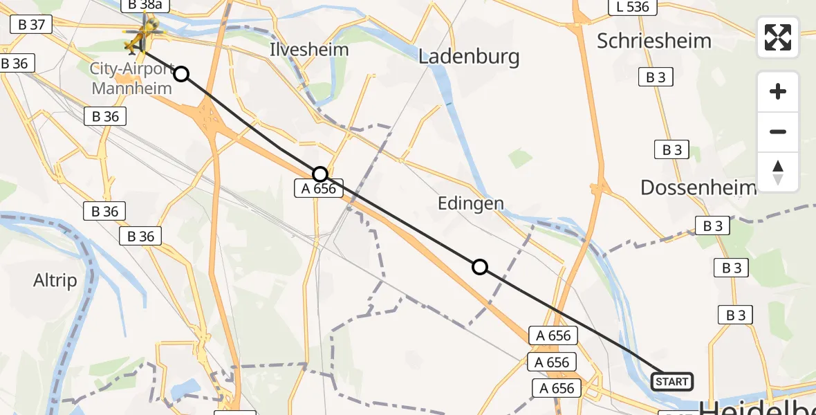 Flugroute Rettungshubschrauber Heidelberg - Mannheim-City Flughafen, 06 April 2026, 15:24