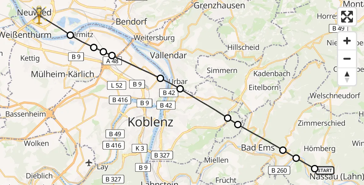 Flugroute Rettungshubschrauber Nassau - Neuwied, 06 April 2026, 15:25