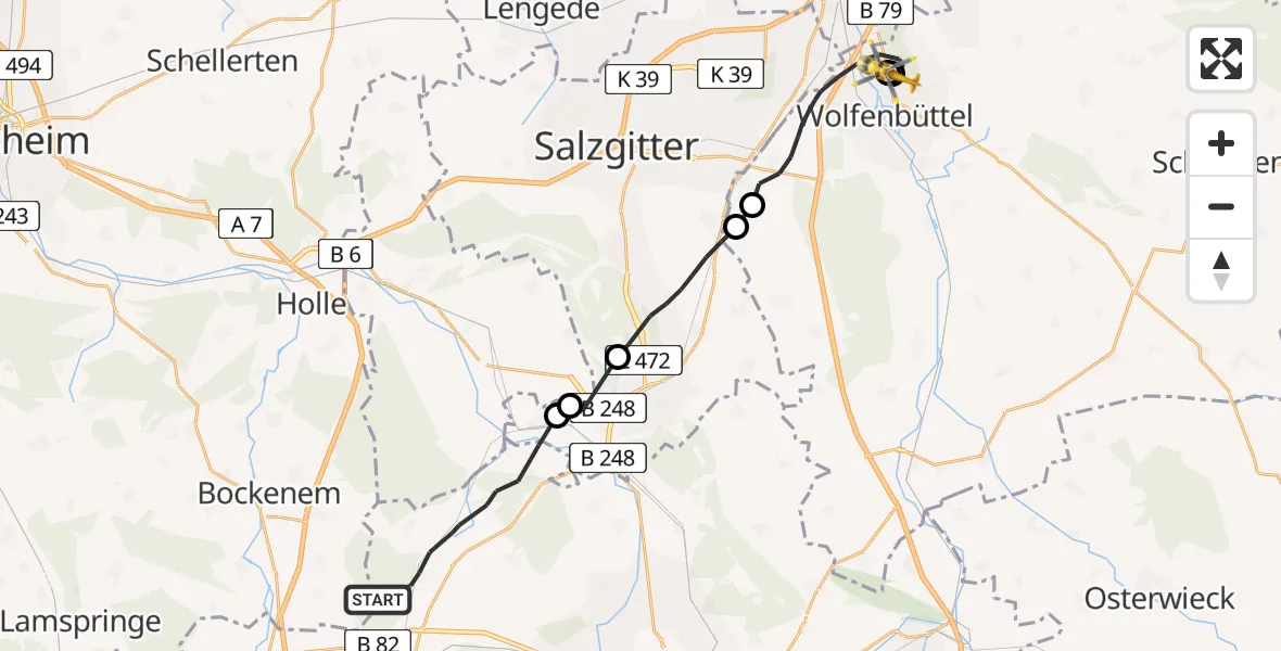 Flugroute Rettungshubschrauber Langelsheim - Wolfenbüttel Municipal Hospital Heliport (Christoph 30), 06 April 2026, 15:29