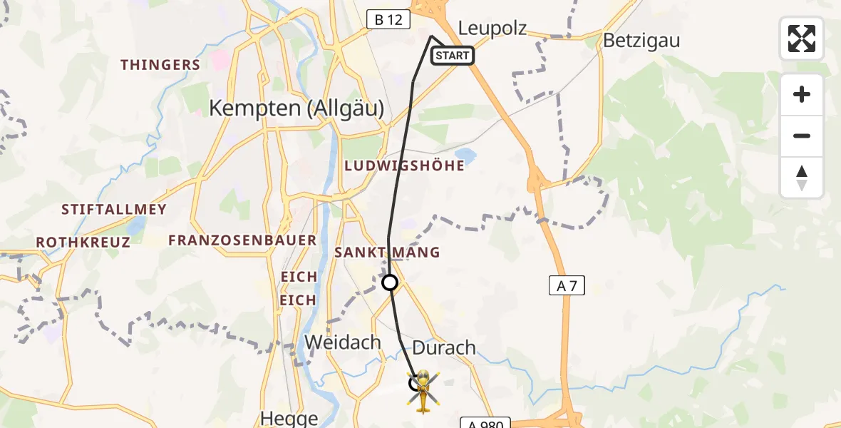 Flugroute Rettungshubschrauber Kempten (Allgäu) - Kempten-Durach Flugplatz, 06 April 2026, 15:30