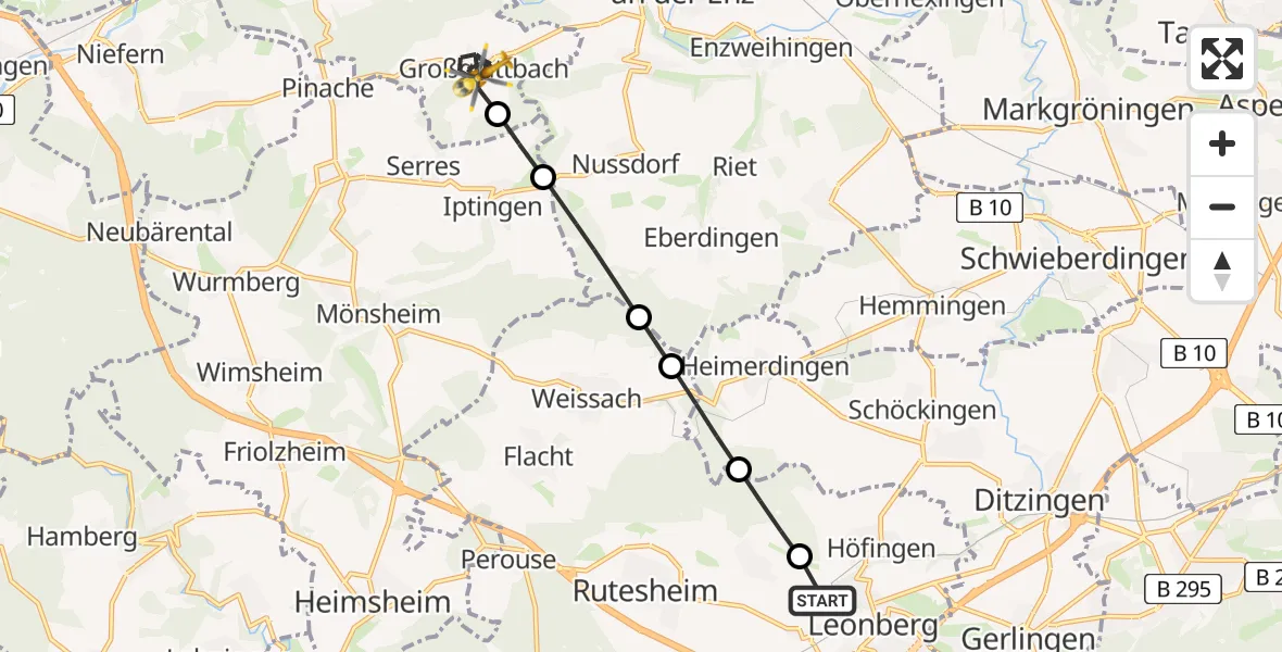 Flugroute Rettungshubschrauber Leonberg Hospital - Mühlacker, 06 April 2026, 15:37