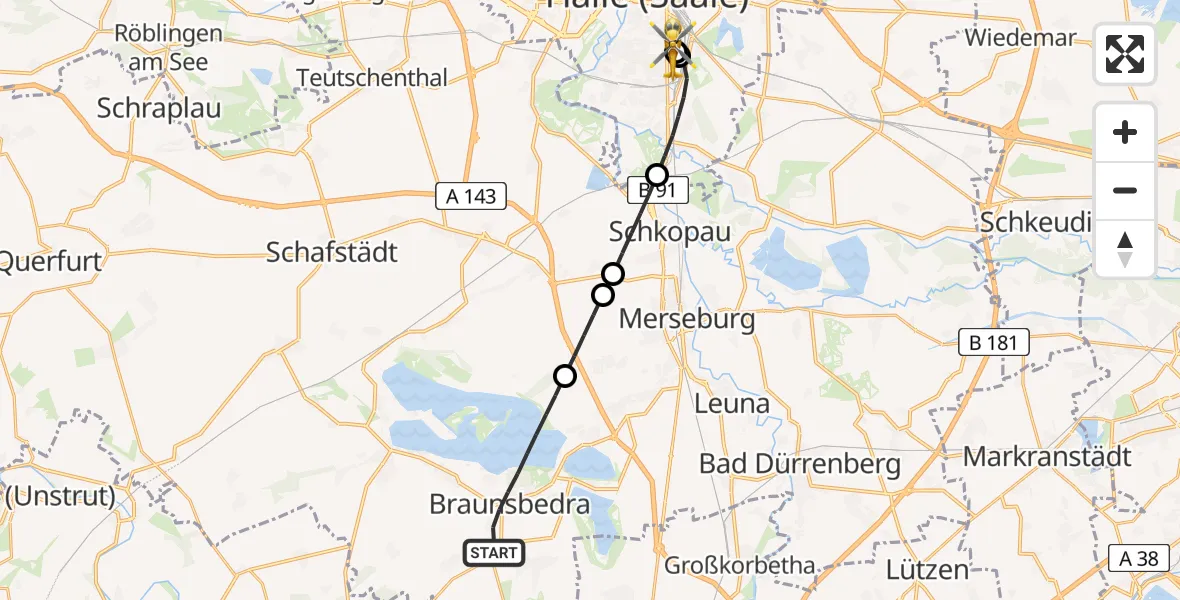 Flugroute Rettungshubschrauber Braunsbedra - BG Hospital Bergmannstrost Halle, 06 April 2026, 15:47