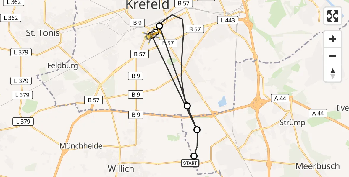 Flugroute Rettungshubschrauber Willich - Helios Clinic Krefeld, 06 April 2026, 15:50