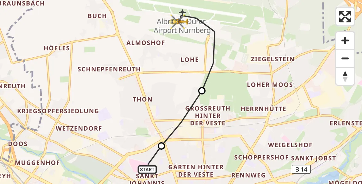 Flugroute Ambulanzhubschrauber Nürnberg North Hospital - Flughafen Nuremberg, 06 April 2026, 15:57