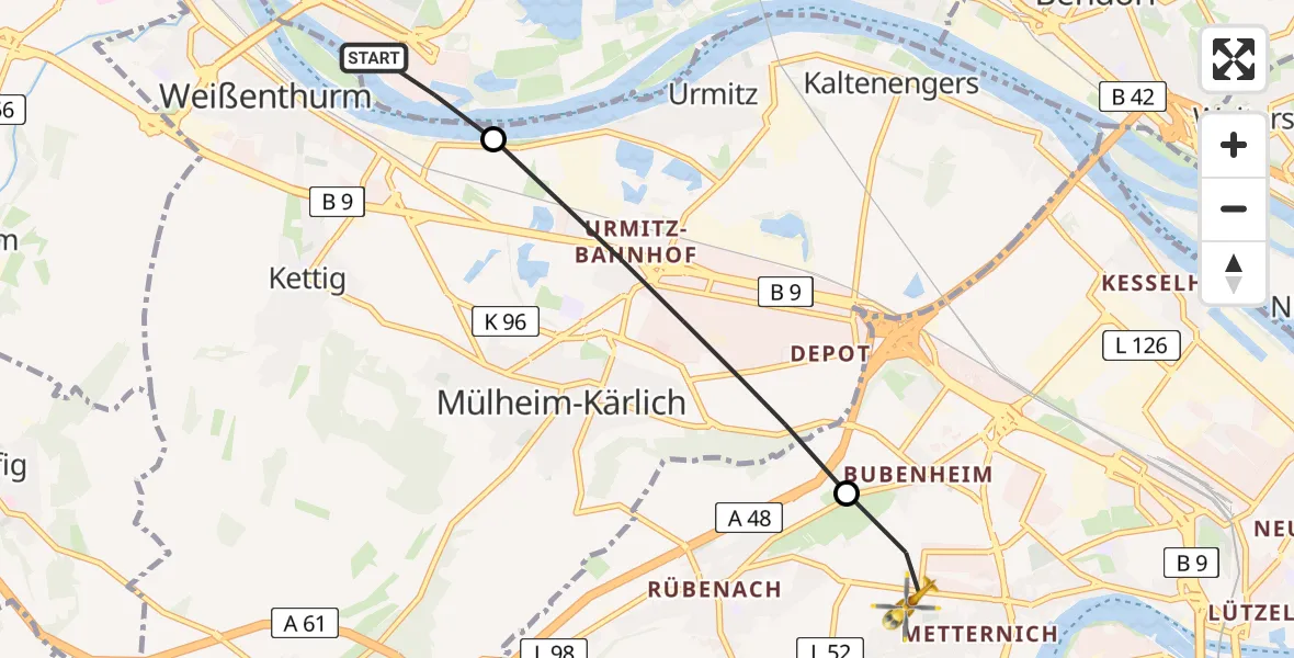 Flugroute Rettungshubschrauber Neuwied - Koblenz, 06 April 2026, 16:01