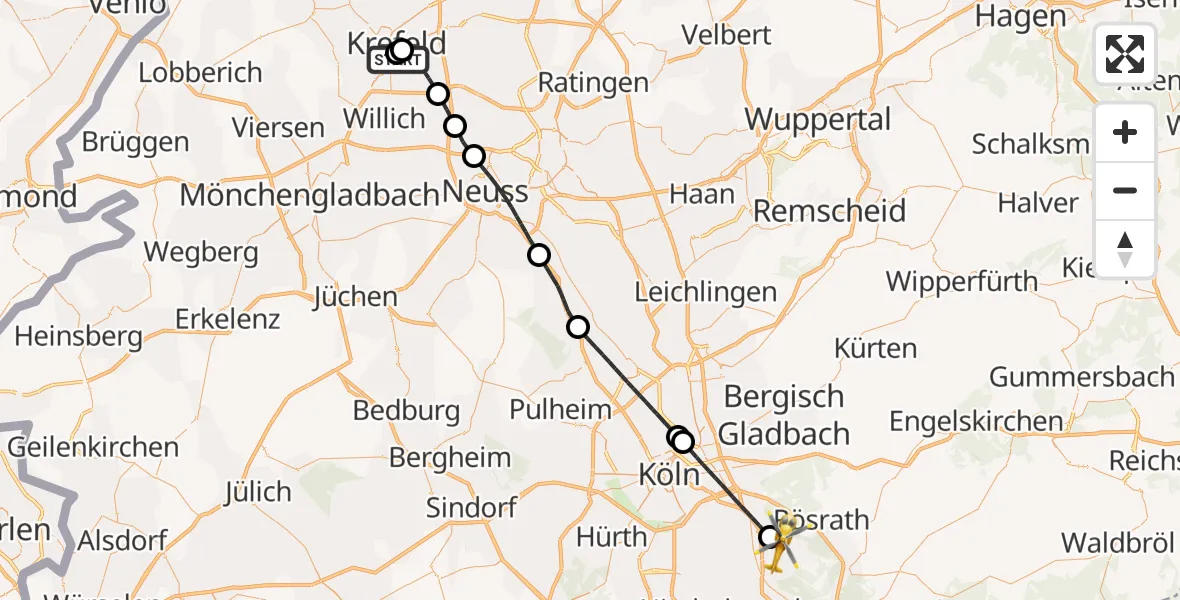 Flugroute Rettungshubschrauber Helios Clinic Krefeld - Köln Bonn Flughafen, 06 April 2026, 16:21