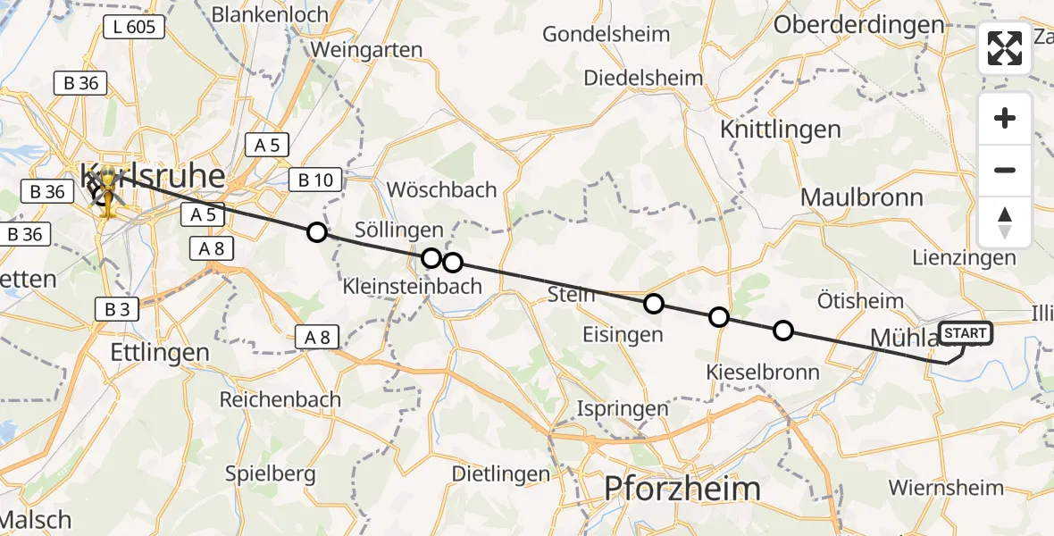 Flugroute Rettungshubschrauber Mühlacker - Sankt Vincentius Hospital, 06 April 2026, 16:23