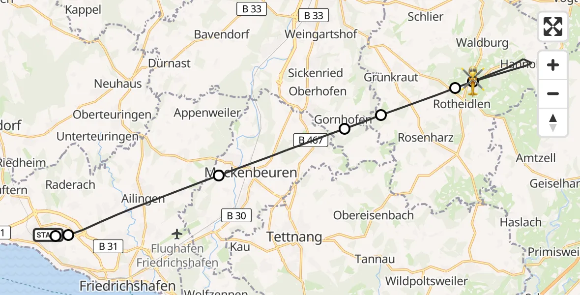 Flugroute Rettungshubschrauber Friedrichshafen Hospital - Waldburg, 06 April 2026, 16:24