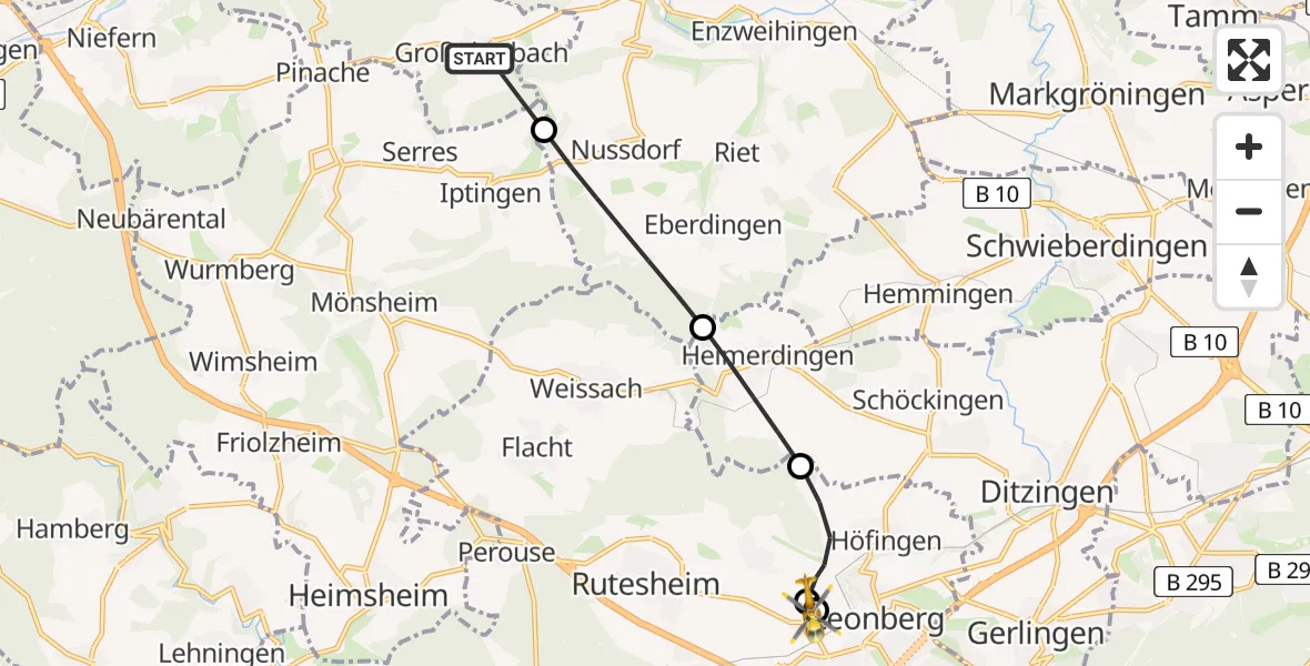 Flugroute Rettungshubschrauber Mühlacker - Leonberg Hospital Hubschrauberlandeplatz, 06 April 2026, 16:27
