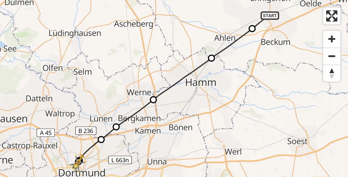 Flugroute Rettungshubschrauber Beckum - Dortmund Hospital North, 06 April 2026, 16:37