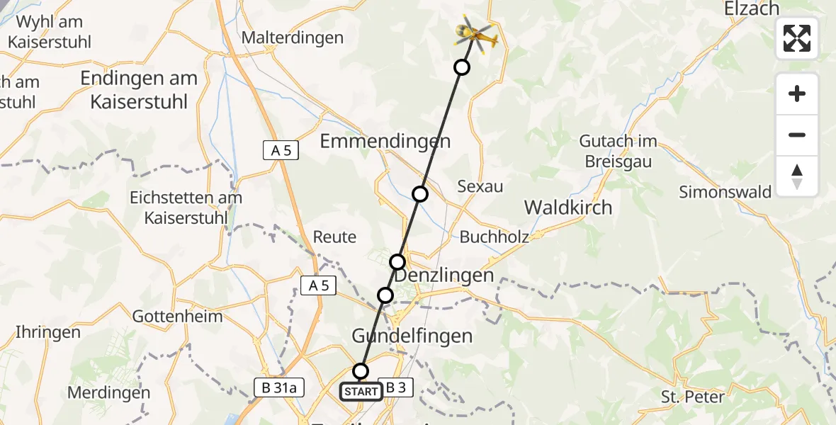 Flugroute Rettungshubschrauber Freiburg im Breisgau Flugplatz - Freiamt, 06 April 2026, 16:38