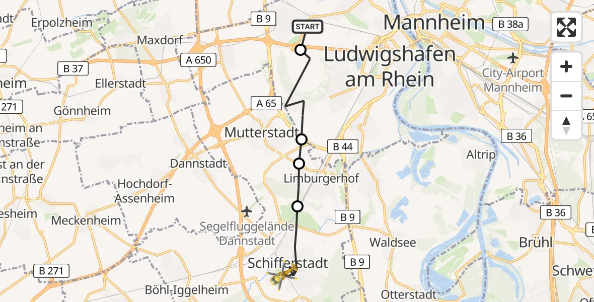 Flugroute Rettungshubschrauber Ludwigshafen Accident Hospital - Schifferstadt, 06 April 2026, 16:39