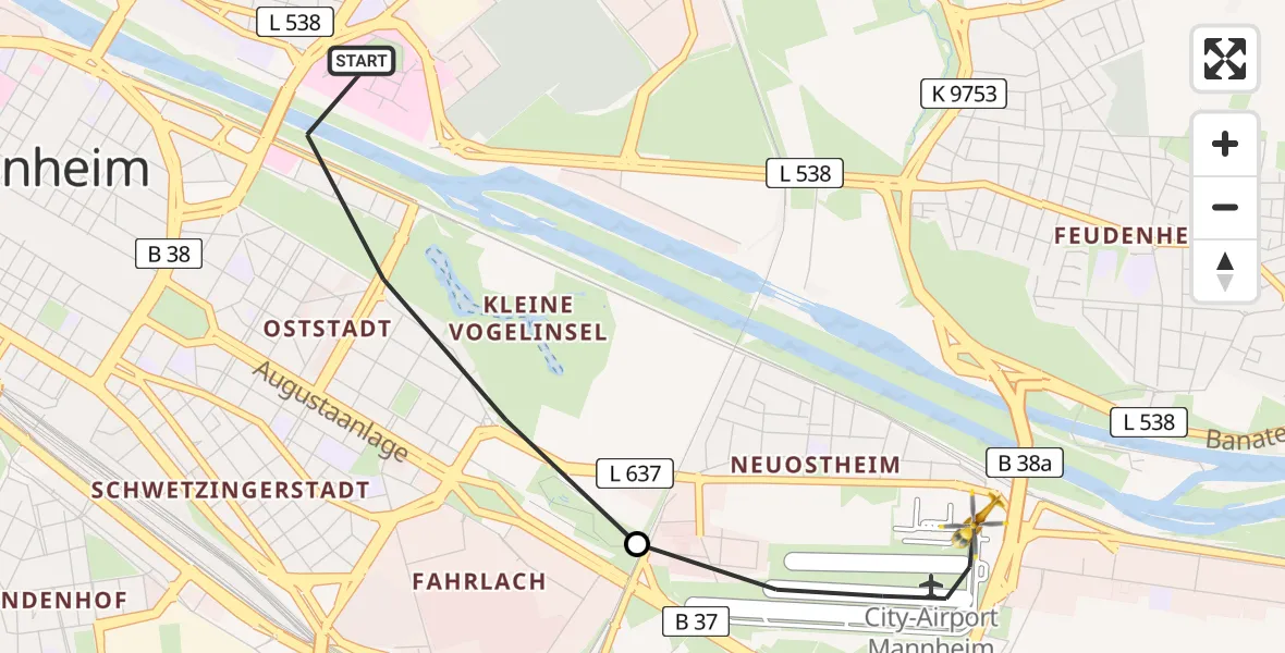 Flugroute Rettungshubschrauber Mannheim - Mannheim-City Flughafen, 06 April 2026, 16:39