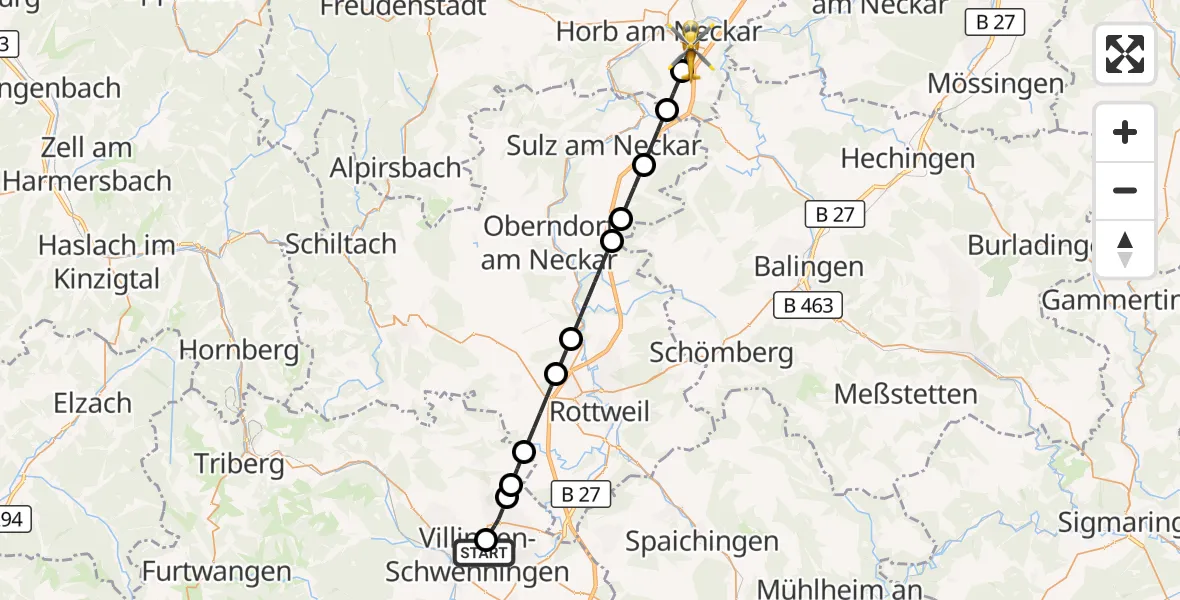 Flugroute Rettungshubschrauber DRF Air Rescue Station Villingen-Schwenningen Hubschrauberlandeplatz (Christoph 11) - Horb am Neckar, 06 April 2026, 16:45