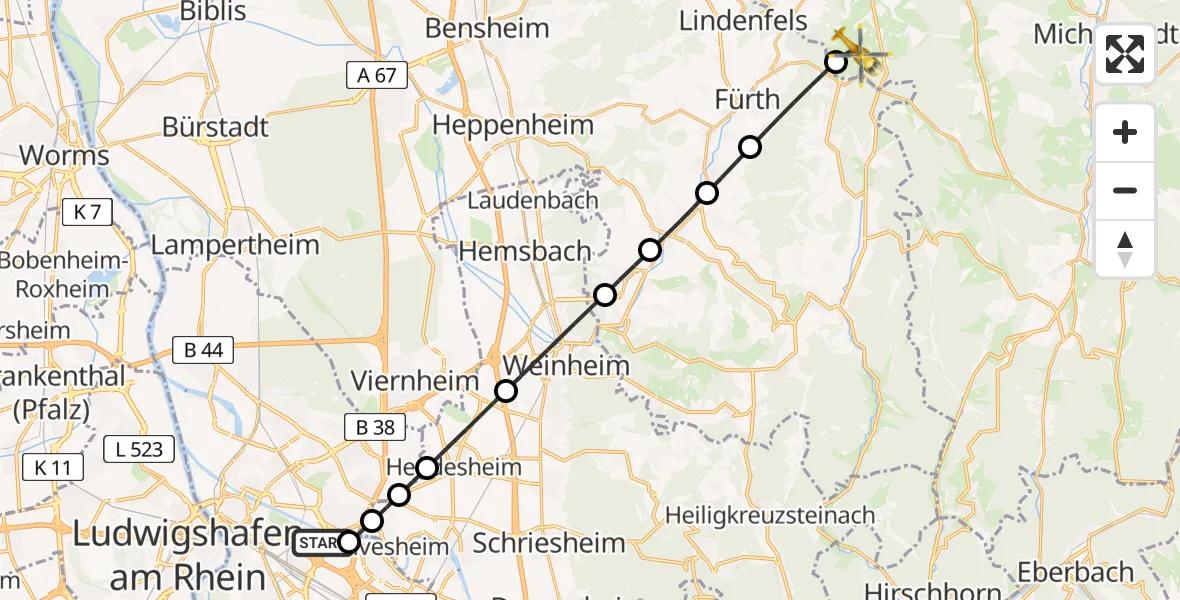 Flugroute Rettungshubschrauber Mannheim-City Flughafen - Reichelsheim (Odenwald), 06 April 2026, 17:03