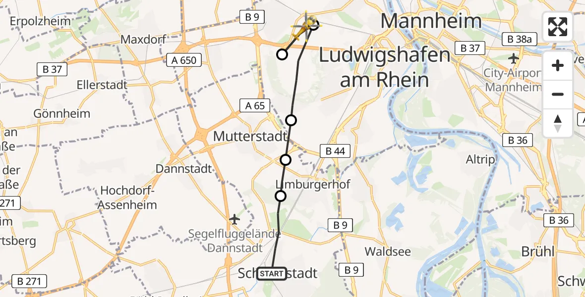 Flugroute Rettungshubschrauber Schifferstadt - Ludwigshafen Accident Hospital, 06 April 2026, 17:20