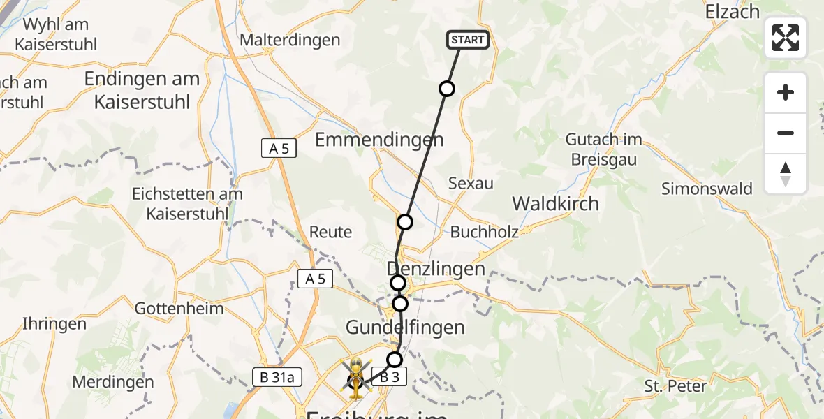 Flugroute Rettungshubschrauber Freiamt - Freiburg im Breisgau Flugplatz, 06 April 2026, 17:24