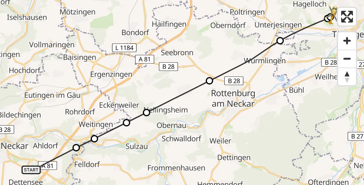 Flugroute Rettungshubschrauber Horb am Neckar - Tübingen Trauma Hospital, 06 April 2026, 17:24