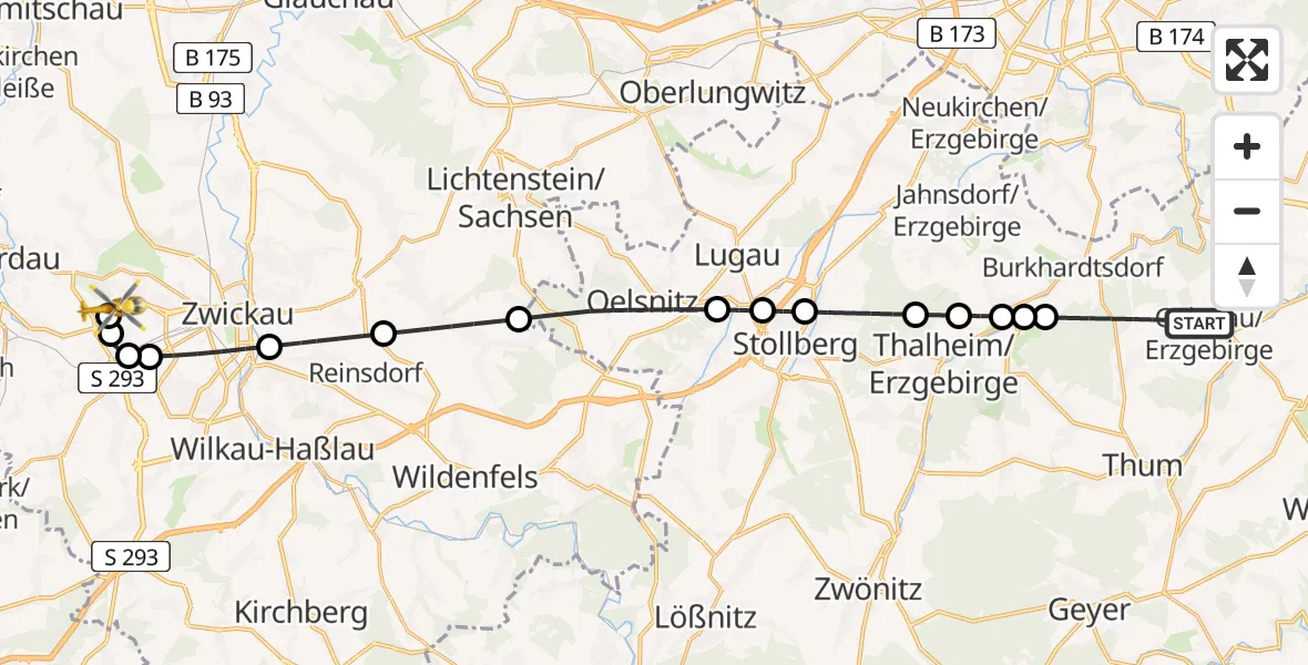 Flugroute Rettungshubschrauber Gelenau/Erzgeb. - ADAC Air Rescue Station Zwickau Hubschrauberlandeplatz, 06 April 2026, 17:43