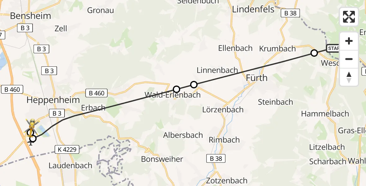 Flugroute Rettungshubschrauber Reichelsheim (Odenwald) - Bergstraße District Hospital, 06 April 2026, 17:55