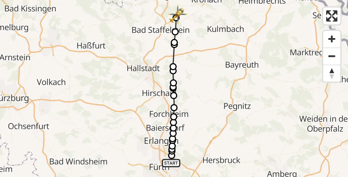 Flugroute Ambulanzhubschrauber Flughafen Nuremberg - Michelau i.OFr., 06 April 2026, 17:58