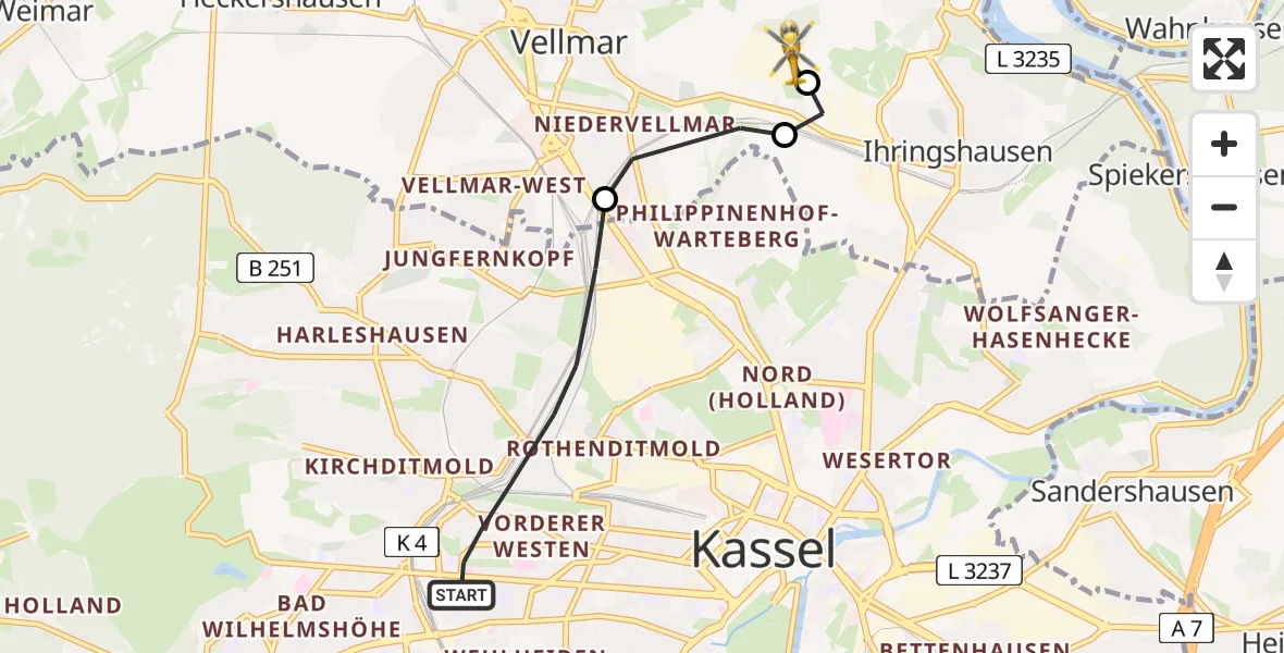 Flugroute Rettungshubschrauber Kassel - Fuldatal Bundespolizei Hubschrauberlandeplatz, 06 April 2026, 18:01