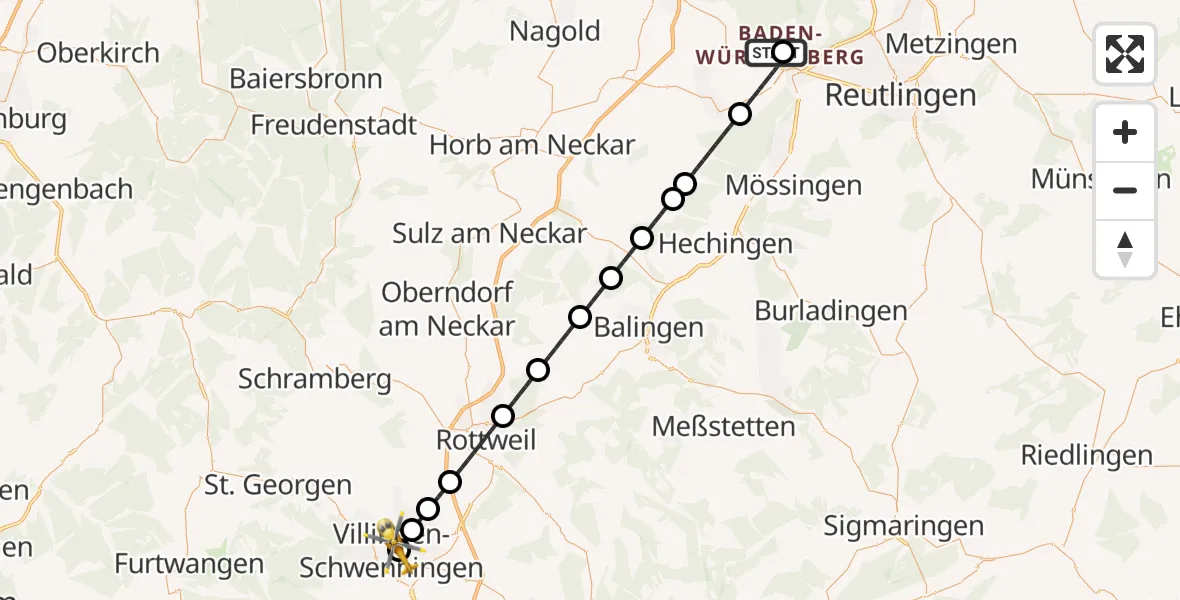 Flugroute Rettungshubschrauber Tübingen Trauma Hospital - DRF Air Rescue Station Villingen-Schwenningen Hubschrauberlandeplatz (Christoph 11), 06 April 2026, 18:03