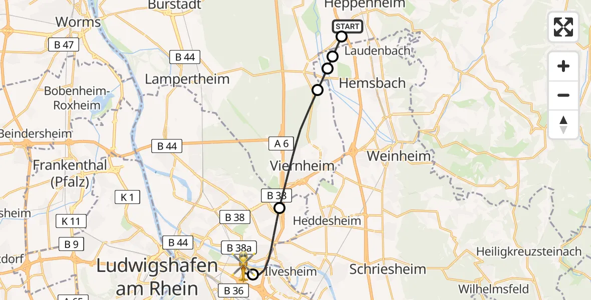 Routekaart van de vlucht: Rettungshubschrauber nach Mannheim-City Flughafen